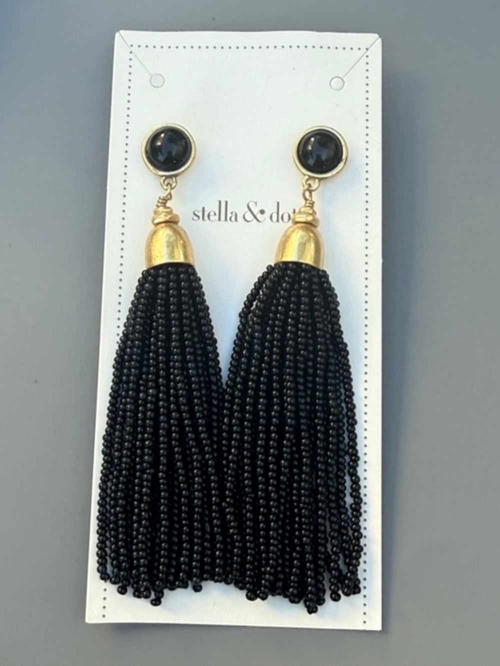 Stella & Dot Black Beaded Tassel Earrings with Gold Caps